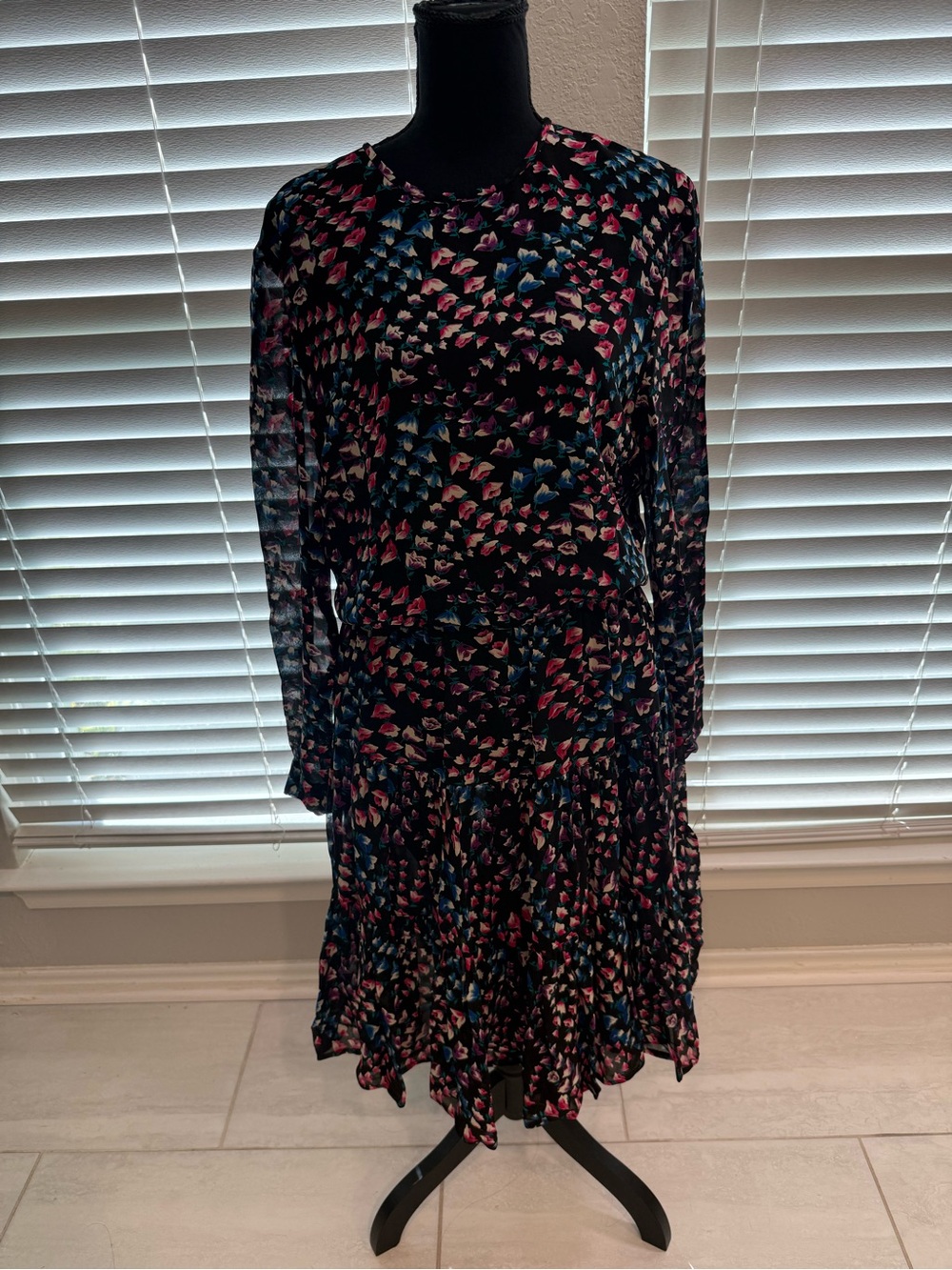 Liz Claiborne Black Long-Sleeve Dress with Pink & Blue Print
